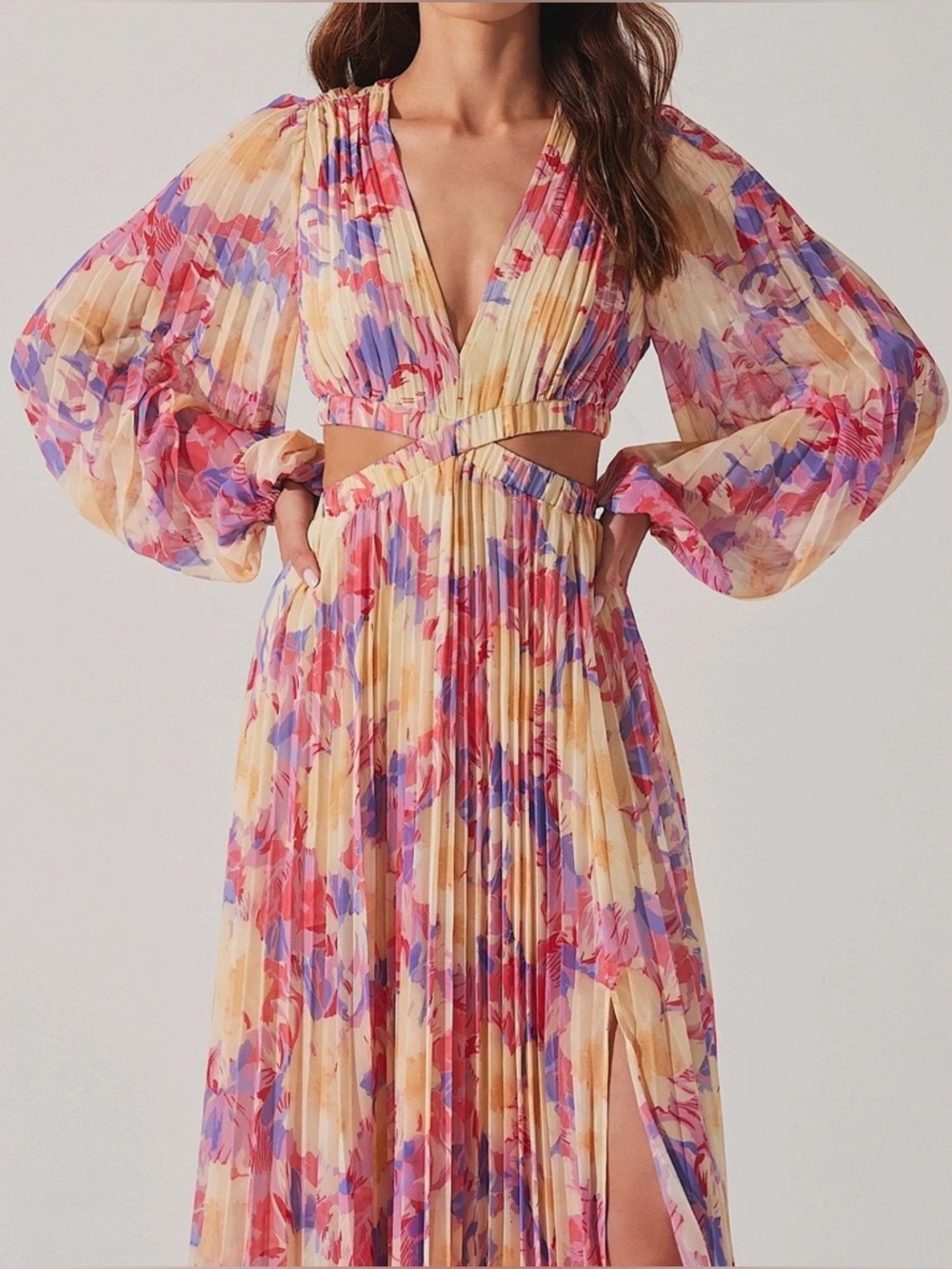 Astr Pleated Maxi Dress in Cream with Pink and Purple Floral Print